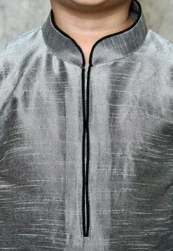 Contrast Trim Dupion Silk Dhoti Kurta in Grey