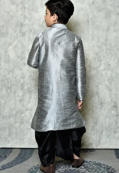 Contrast Trim Dupion Silk Dhoti Kurta in Grey