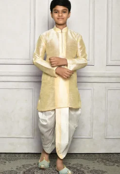 Contrast Trim Dupion Silk Dhoti Kurta in Light Beige