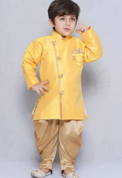 Contrast Trim Dupion Silk Kurta Set in Yellow