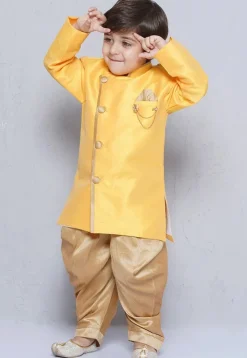Contrast Trim Dupion Silk Kurta Set in Yellow