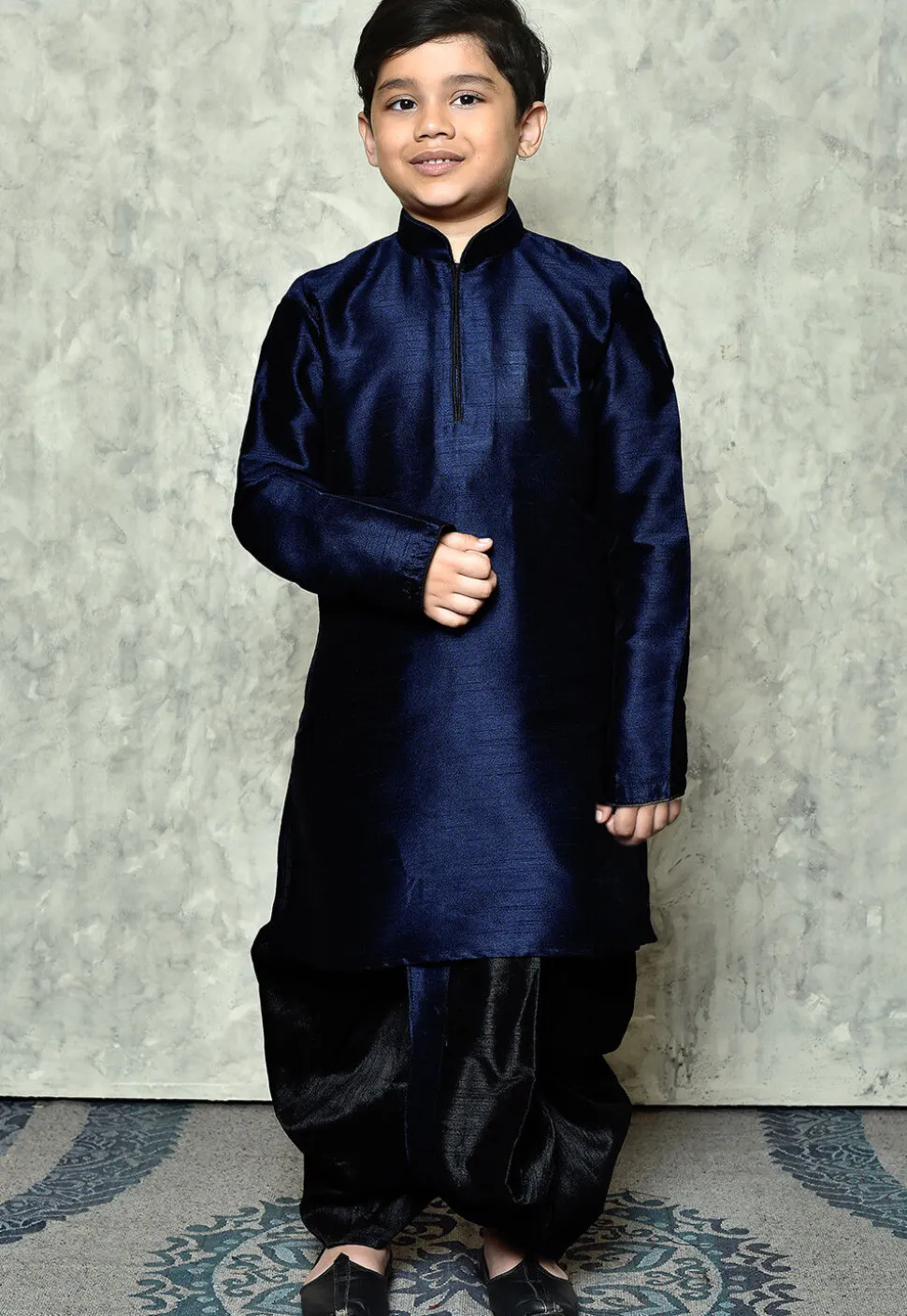 Contrast Trim Dupion Silk Dhoti Kurta in Navy Blue