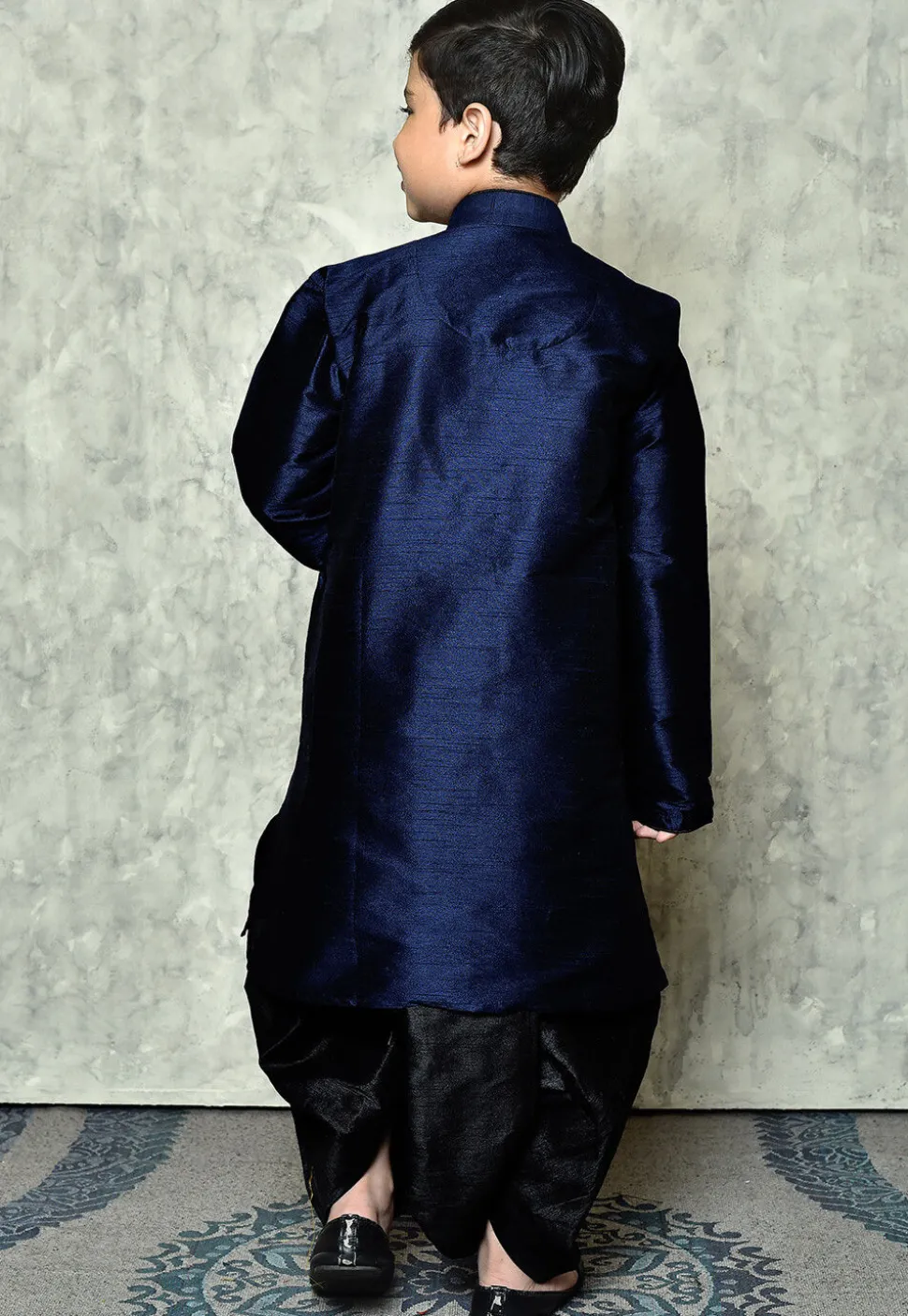 Contrast Trim Dupion Silk Dhoti Kurta in Navy Blue