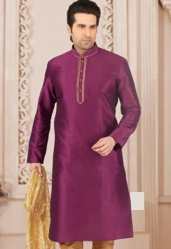 Contrast Trim Dupion Silk Kurta in Magenta