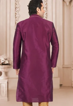 Contrast Trim Dupion Silk Kurta in Magenta