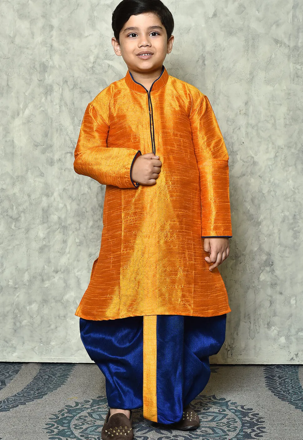 Contrast Trim Dupion Silk Dhoti Kurta in Orange