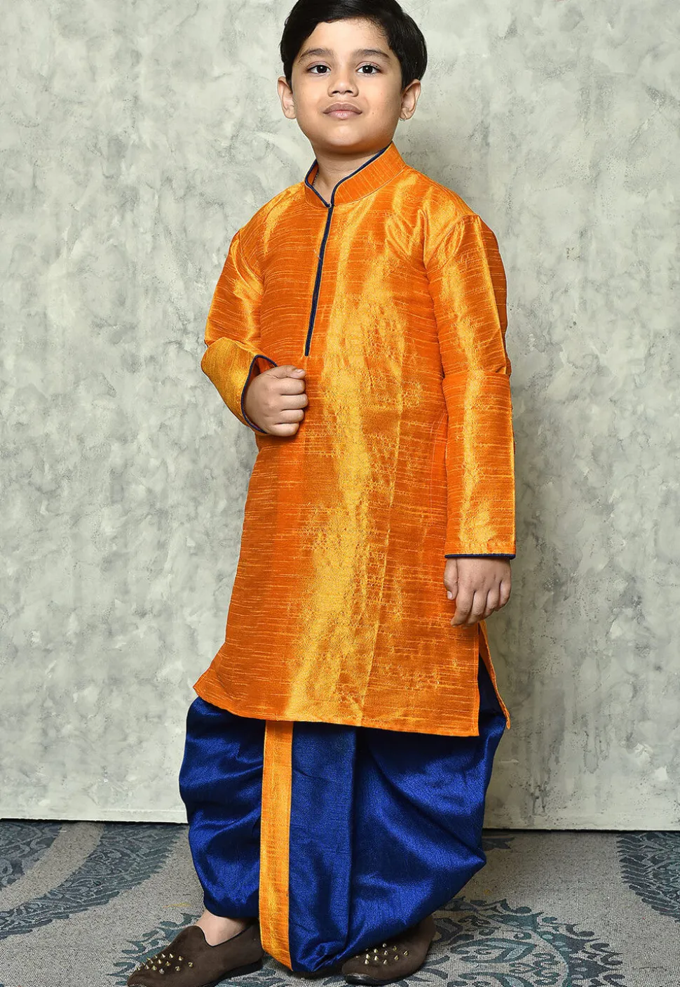 Contrast Trim Dupion Silk Dhoti Kurta in Orange