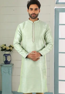 Contrast Trim Dupion Silk Kurta in Pastel Green
