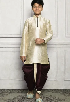 Contrast Trim Dupion Silk Dhoti Kurta in Light Beige