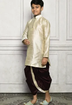Contrast Trim Dupion Silk Dhoti Kurta in Light Beige