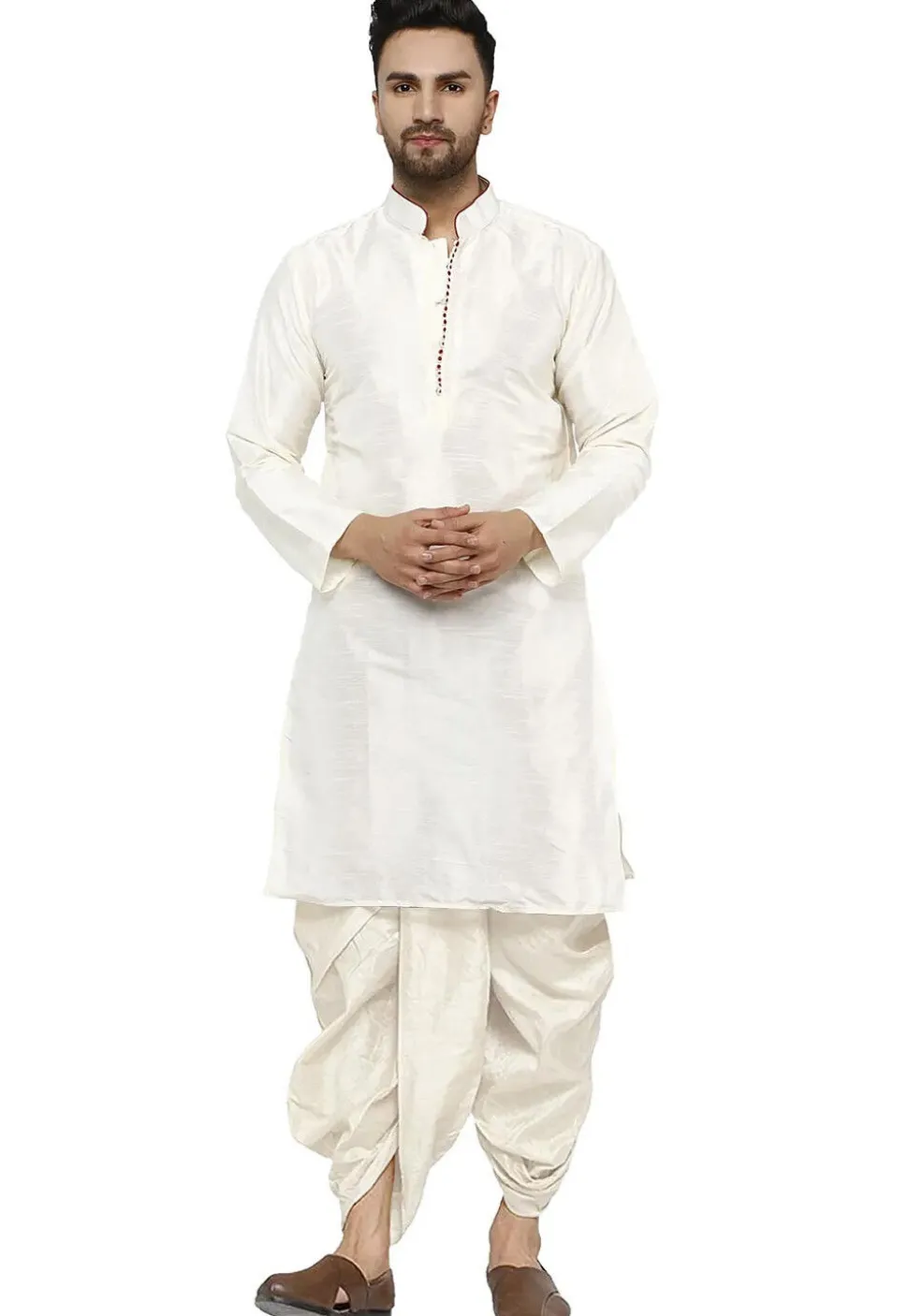 Contrast Trim Dupion Silk Dhoti Kurta in Off White
