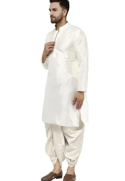 Contrast Trim Dupion Silk Dhoti Kurta in Off White