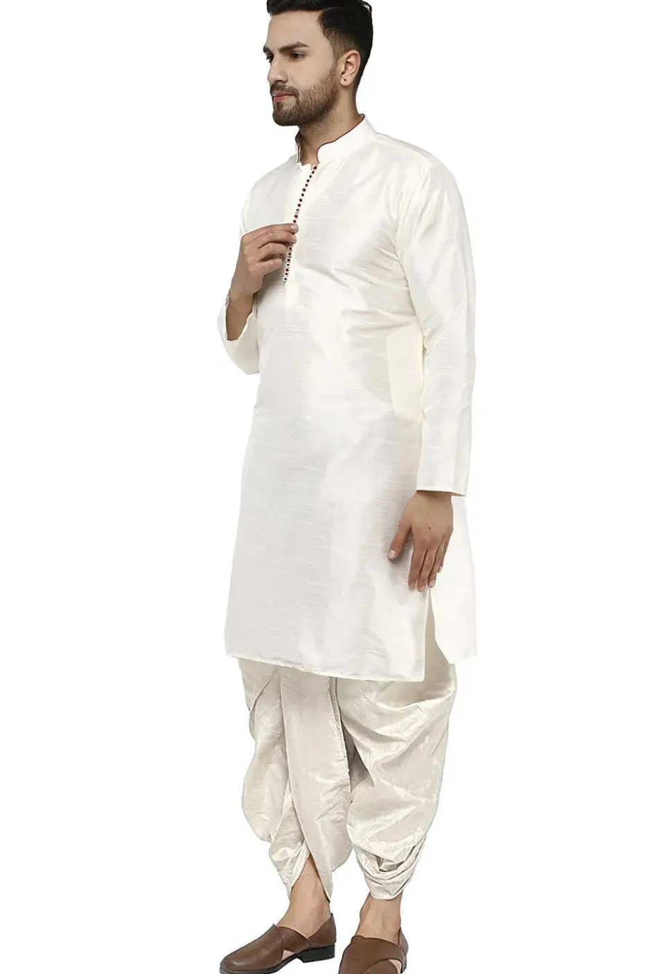 Contrast Trim Dupion Silk Dhoti Kurta in Off White