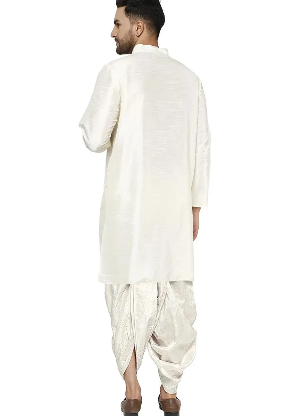 Contrast Trim Dupion Silk Dhoti Kurta in Off White