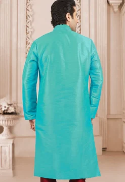 Contrast Trim Dupion Silk Kurta in Turquoise