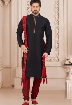 Contrast Trim Dupion Silk Kurta Set in Black