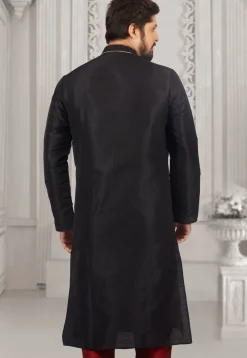 Contrast Trim Dupion Silk Kurta Set in Black