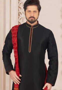 Contrast Trim Dupion Silk Kurta Set in Black