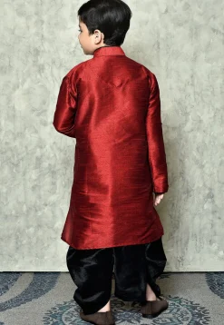 Contrast Trim Dupion Silk Dhoti Kurta in Maroon
