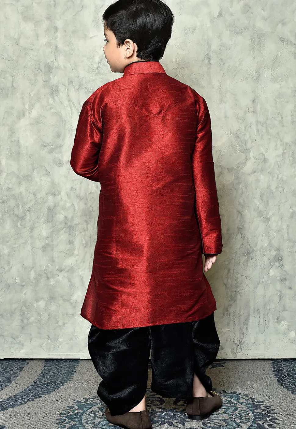 Contrast Trim Dupion Silk Dhoti Kurta in Maroon