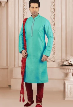 Contrast Trim Dupion Silk Kurta Set in Turquoise