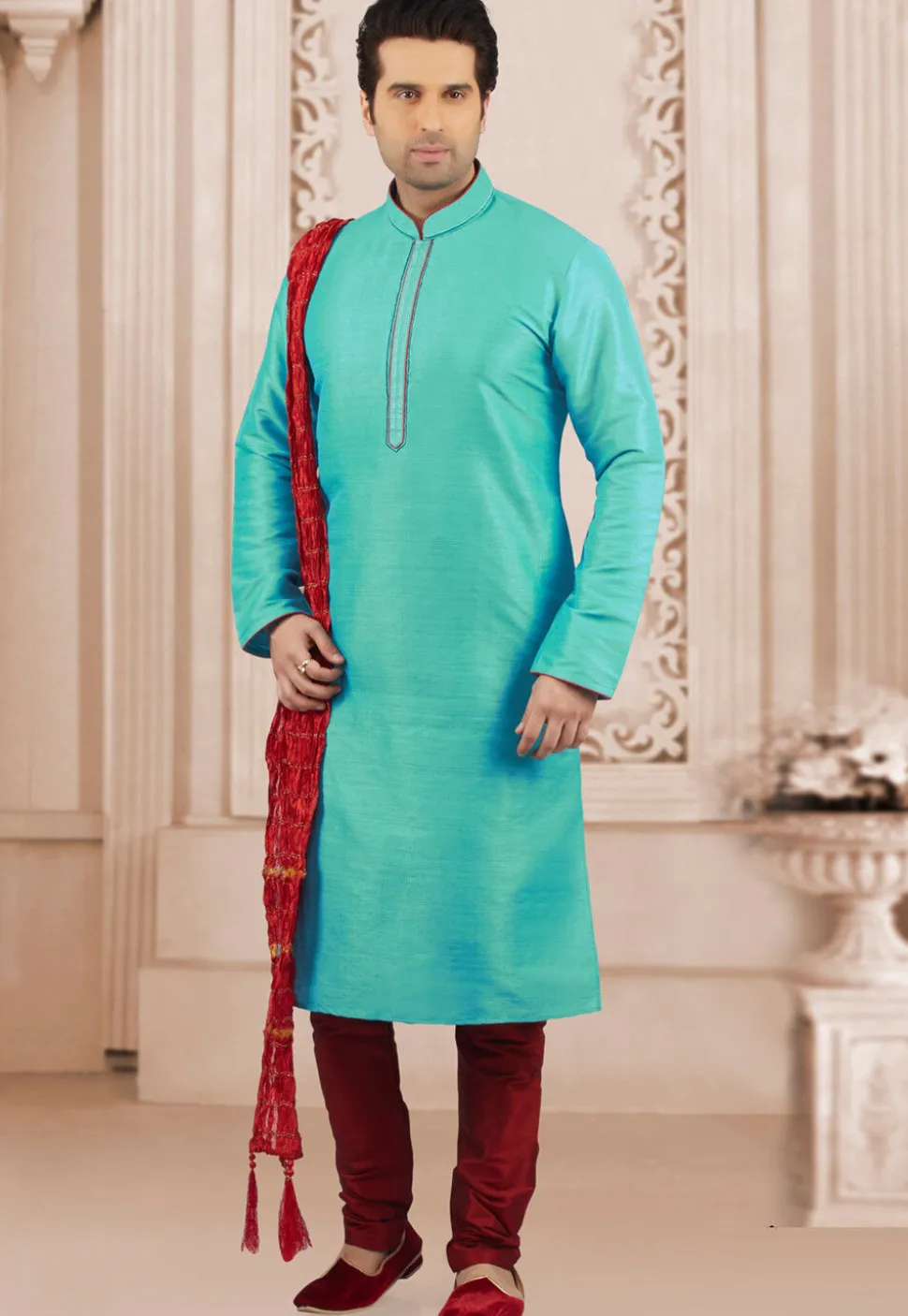 Contrast Trim Dupion Silk Kurta Set in Turquoise