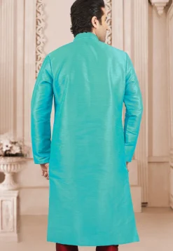 Contrast Trim Dupion Silk Kurta Set in Turquoise