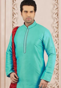 Contrast Trim Dupion Silk Kurta Set in Turquoise