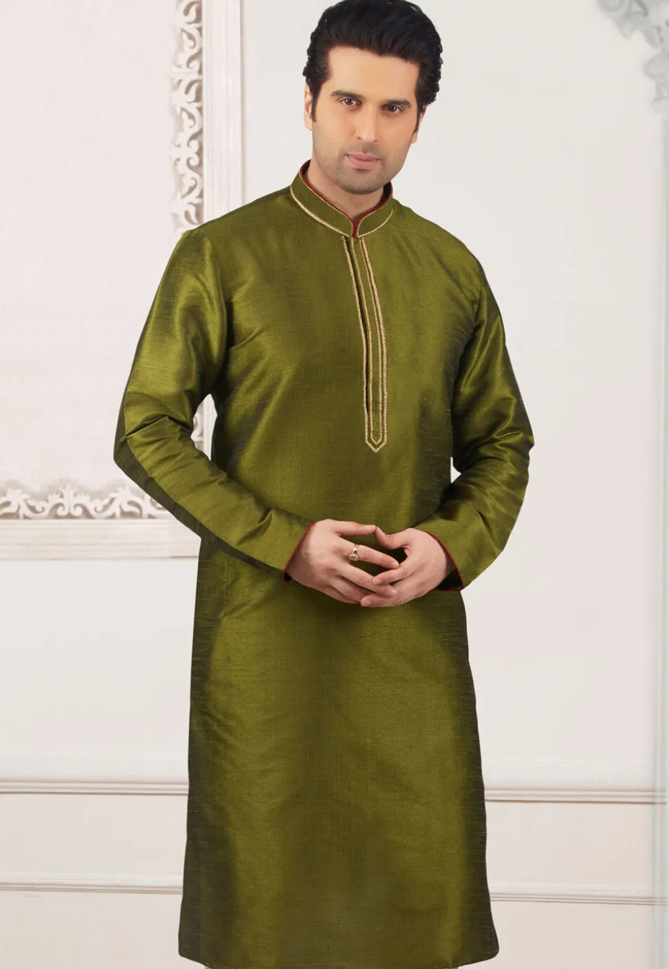 Contrast Trim Dupion Silk Kurta in Olive Green