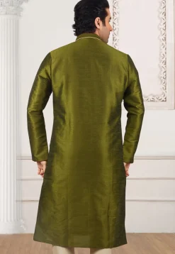 Contrast Trim Dupion Silk Kurta in Olive Green