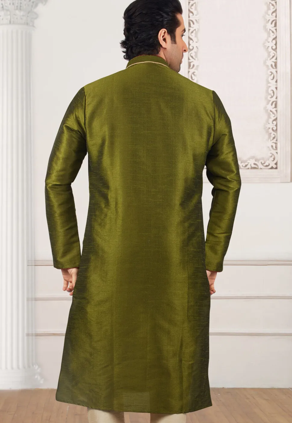 Contrast Trim Dupion Silk Kurta in Olive Green
