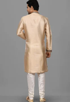 Contrast Trim Dupion Silk Sherwani in Beige