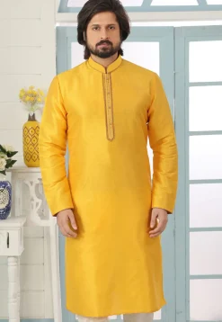 Contrast Trim Dupion Silk Kurta in Yellow