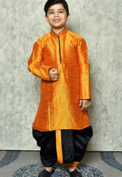 Contrast Trim Dupion Silk Dhoti Kurta in Orange