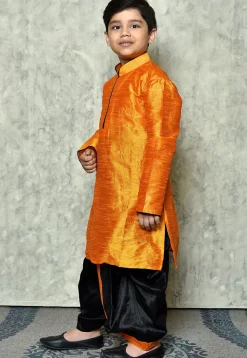 Contrast Trim Dupion Silk Dhoti Kurta in Orange
