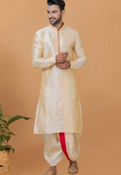 Contrast Trim Dupion Silk Kurta Set in Light Beige