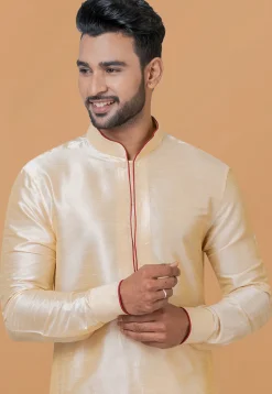 Contrast Trim Dupion Silk Kurta Set in Light Beige