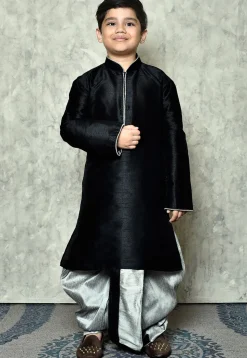 Contrast Trim Dupion Silk Dhoti Kurta in Black