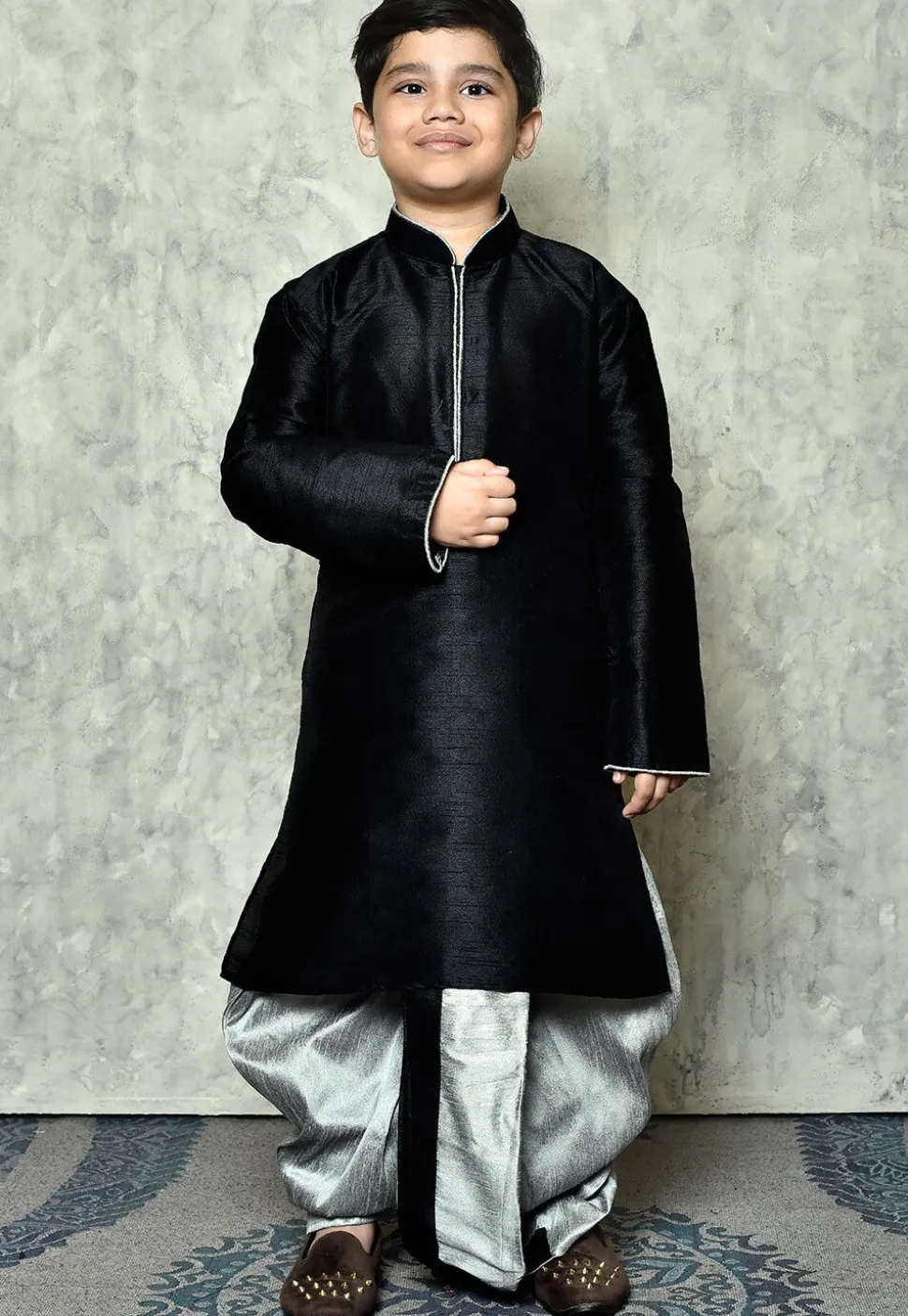 Contrast Trim Dupion Silk Dhoti Kurta in Black