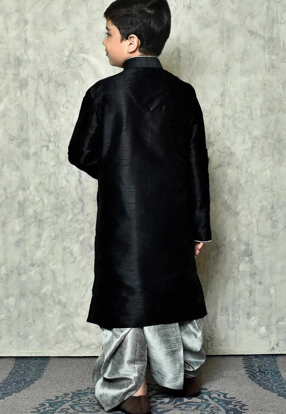 Contrast Trim Dupion Silk Dhoti Kurta in Black