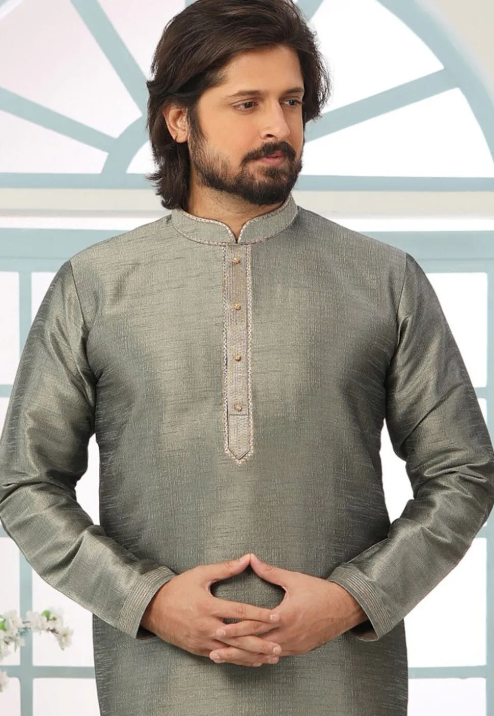 Contrast Trim Dupion Silk Kurta Set in Grey
