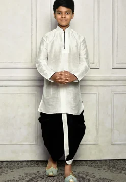Contrast Trim Dupion Silk Dhoti Kurta in White