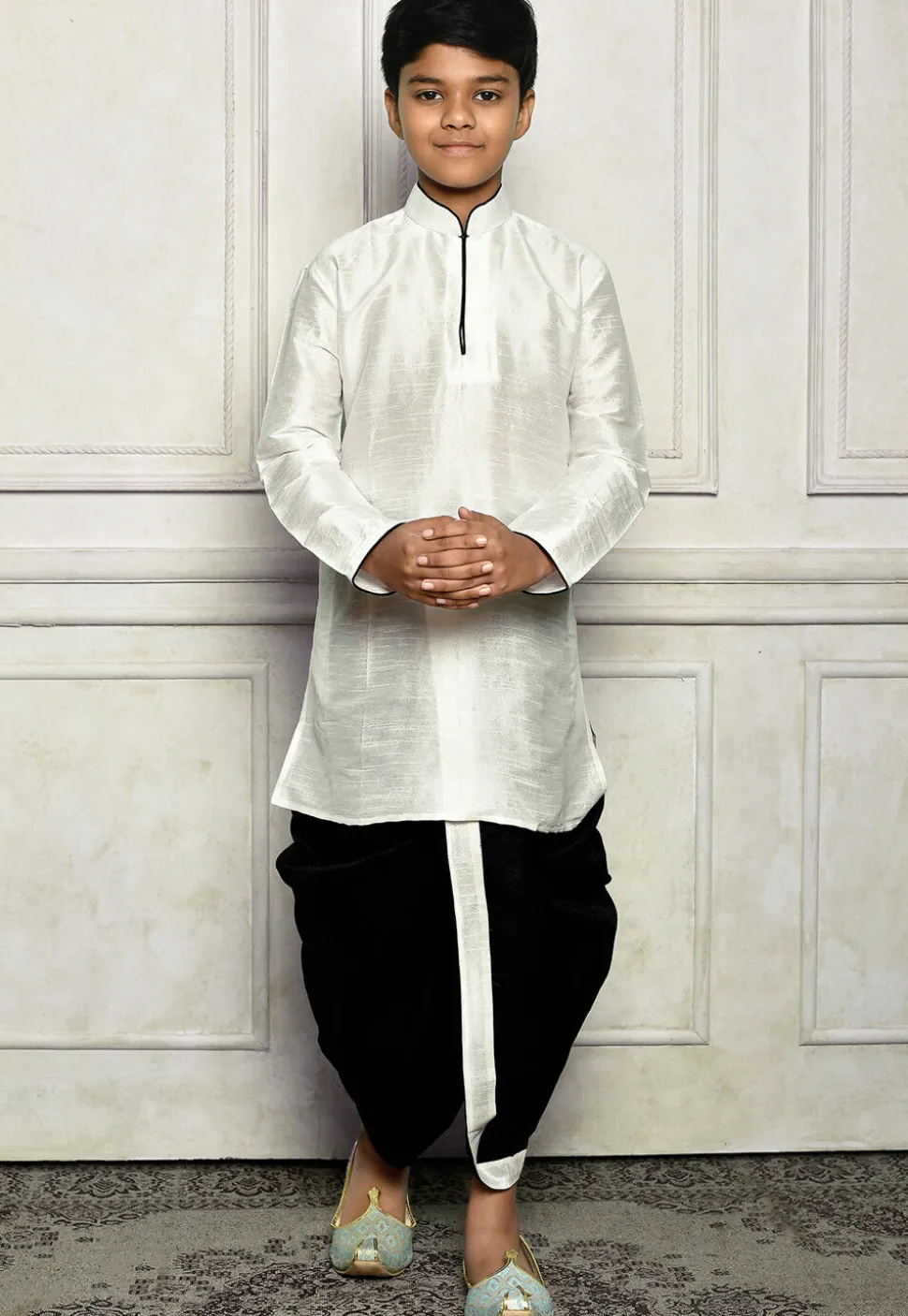 Contrast Trim Dupion Silk Dhoti Kurta in White