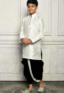 Contrast Trim Dupion Silk Dhoti Kurta in White