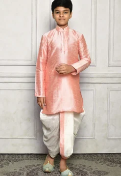 Contrast Trim Dupion Silk Dhoti Kurta in Peach
