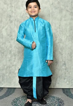 Contrast Trim Dupion Silk Dhoti Kurta in Light Blue