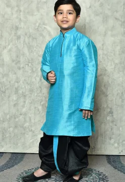 Contrast Trim Dupion Silk Dhoti Kurta in Light Blue