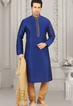 Contrast Trim Dupion Silk Kurta Set in Royal Blue