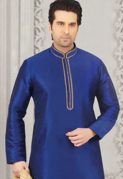 Contrast Trim Dupion Silk Kurta Set in Royal Blue