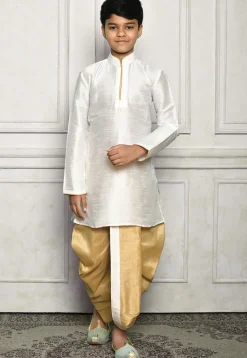Contrast Trim Dupion Silk Dhoti Kurta in White
